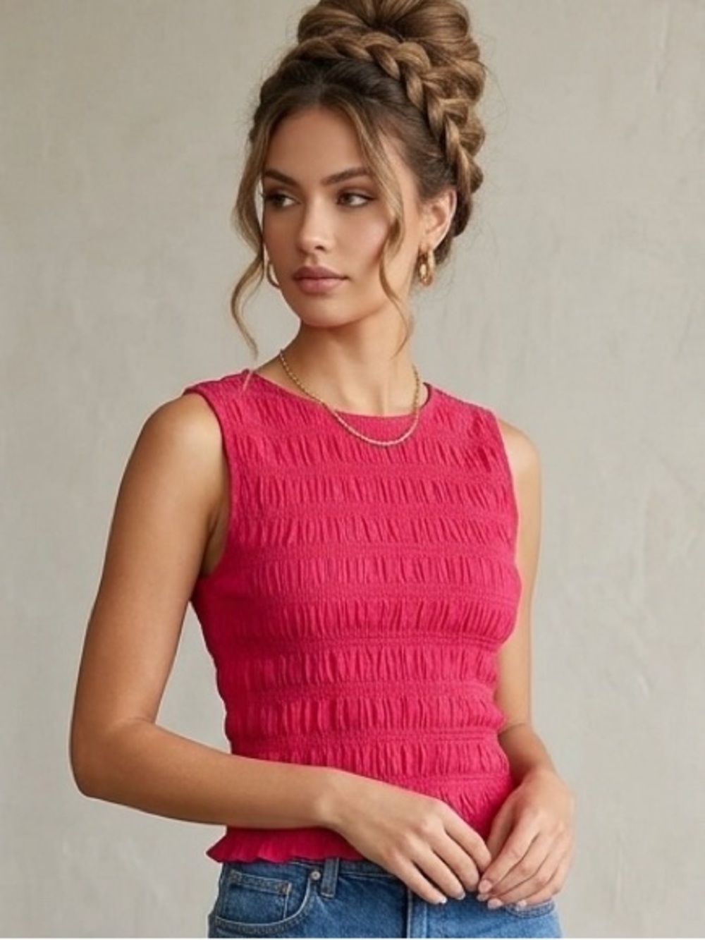 Madewell Smocked Boatneck Tank Size Small w/ Ruffled Hem in Watermelon
